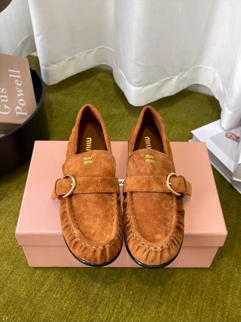 Miu Miu Brown Suede Ruched Toe Buckled Strap Loafer Flats